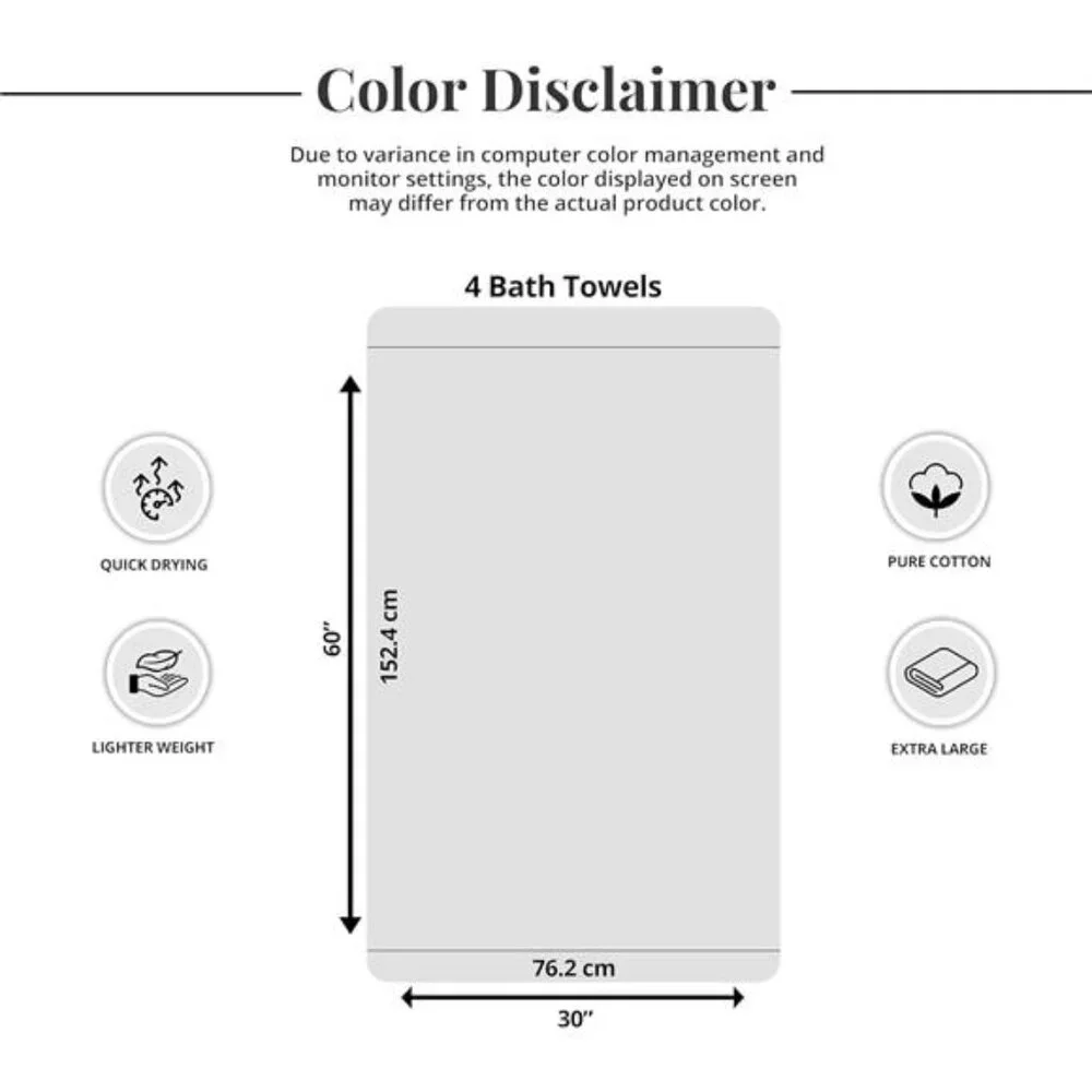 New Tens Towels Pack of 4 Extra Large Bath Towels 30 x 60 Inches, 100% Cotton